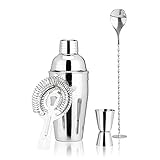 True Barware Set, Cocktail Bar Tools with Cobbler Shaker with Lid, Double Jigger, Muddler Bar Spoon Swizzle Stick, Hawthorne Strainer, Bartender Accessories, Stainless Steel