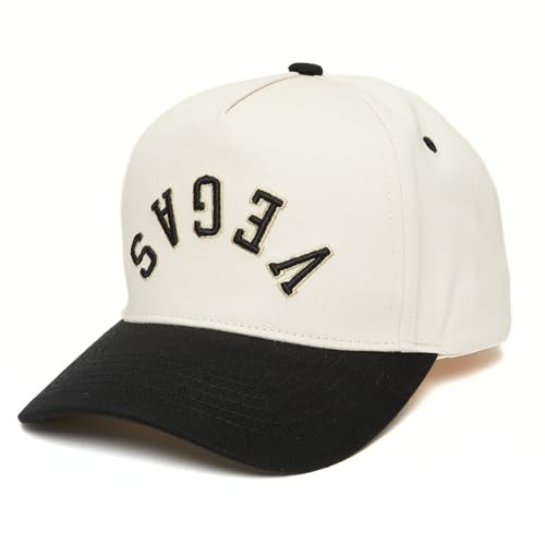 Funky Junque Retro Las Vegas Hat Baseball Cap with Upside Down City Arched Embroidery Unisex Adjustable Snapback for Hockey Game Day Nightlife Vegas (Black/Beige)