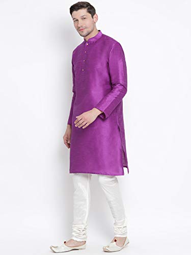 Image of VASTRAMAY VM Mens Silk Blend Kurta Pyjama Set - Classic Ethnic Attire for Timeless Style and Cultural Celebrations | Soft Comfortable Solid Full Sleeves Kurta and Churidar Pyjama Set