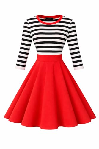 Image of BI.TENCON Women's Striped Pleated Casual A-Line Dresses Knee Length with Pockets