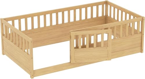 Image of Bellemave Twin Size Kids Montessori Floor Bed,Solid Wood Floor Bed Frame with High Fence and Lockable Door for Kids,Girls,Boys,Twin,Natural