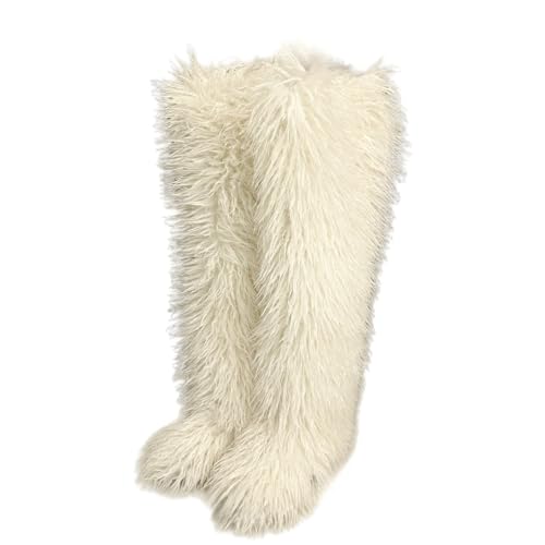 YFJNV Black Thigh High Fur Boots, Over the Knee Fluffy High Boots, Tall Furry shoes for Women