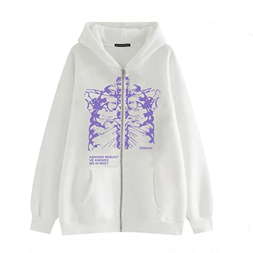 Skeleton Print Hoodie Men Women, Full Zip Up Graphic Print Y2k Hoodies Oversized Jackets