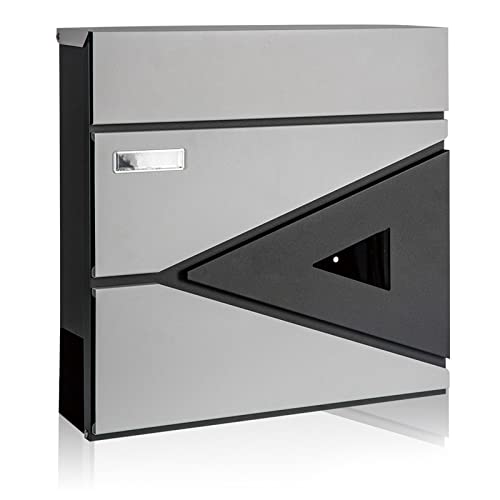 Image of Wall-Mount Mailbox for House Outside, Security Drop Box with Lock and Keys, Steel Metal Mail Box with Newspaper Compartment, 14.57 x 14.57 x 4.33 Inch, Grey & Black, MD039 X-Large