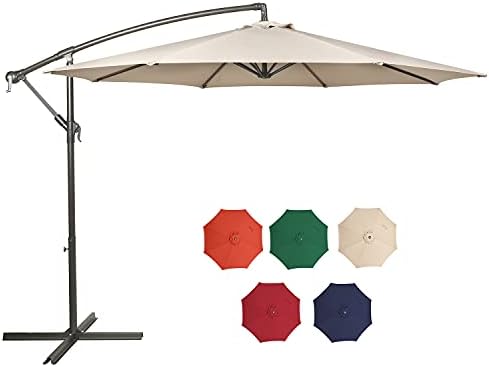 Hepoe 10ft Offset Patio Umbrella Outdoor Cantilever Patio Market Hanging Umbrellas with Crank and Cross Base for Patios Outside Backyard Lawn Garden (10 ft, Beige-new)