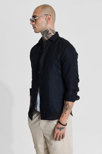 Image of SNITCH Men Casual Shirt | Slim Fit Full Sleeve Classic Collar Solid Pattern | 100% Linen, Breathable & Lightweight Fabric, Machine Washable