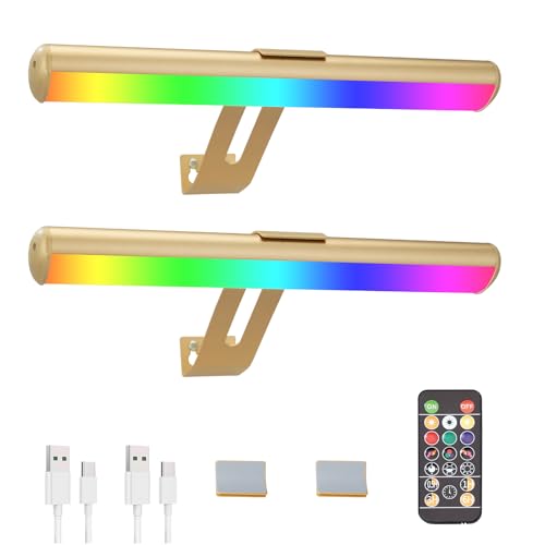 ZOCALOK Picture Light Battery Operated, Picture Lights for Wall, Wireless Picture Light with Remote for Paintings, 48 LED, 16 Color Changing, Dartboard Light with 2 Base for Art, Gold-2Pack