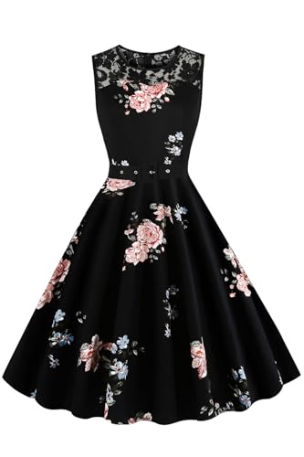 AXOE Women's Vintage 1950s Dress A-Line Silhouette with Removable Belt Cocktail & Wedding Guest Dress Black and Floral F04, UK Size 12, M