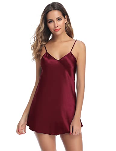 Litherday Women's Satin Nightgown Silk Slip Sleepwear Sexy V Neck Negligee Lingerie Short Nightwear Mini Dress Dark Red Medium