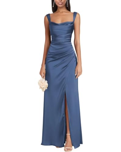 Eossvifer Damen Satin Brautjungfernkleider Lange Spaghettiträgern Ballkleider Meerjungfrau Abendkleid mit Schlitz