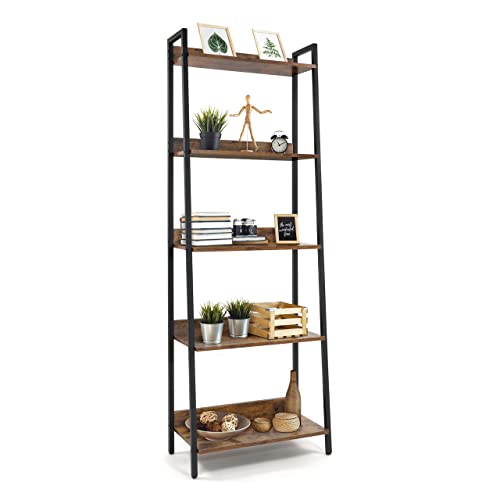 CAPHAUS 5 Tier Ladder Bookshelf, 24 Inch Width Free Standing Shelf, Bookcase Shelf Storage Rack Organizer, Industrial Book Shelves for Home Office, Living Room, Kitchen, Rustic Oak, Vintage Shelves CAPHAUS 5 Tier Ladder Bookshelf, 24 Inch Width Free Standing Shelf, Bookcase Shelf Storage Rack Organizer, Industrial Book Shelves for Home Office, Living Room, Kitchen, Rustic Oak, Vintage Shelves