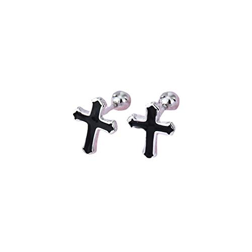 Black Cross Stud Earrings S925 Sterling Silver for Women Men Minimalist Punk Cartilage Small Helix Screw Back Tragus Piercing Ear Studs 20G Hypoallergenic Fashion Jewelry for Halloween Party