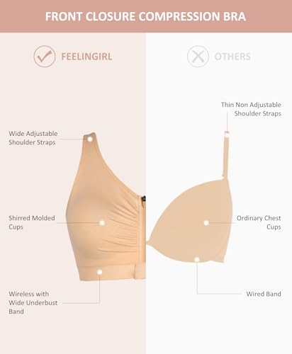 Image of FeelinGirl Zip Front Closure Bras for Women No Underwire Compression Post Surgery Bra with Wide Adjustable Straps