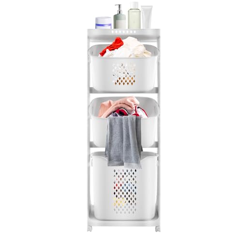 3-Tier Laundry Basket on Wheels, Laundry Basket Storage Trolley Washing Baskets Rolling Laundry Sorter Cart, Clothes Sorter Washing Bin
