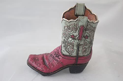Western Rustic Texas Cowboy Cowgirl Hand Tooled Leather Look Hand Painted Boot Vase Pencil Pen Makeup Brushes/Tools Holder (blue/hot pink)