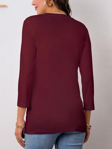 AirMood Camisas de Manga 3/4 para Mujer, Estilo Casual, Cuello en V, Blusas básicas, Granate, XXL
