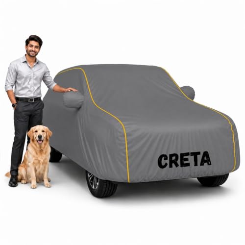Image of Waterproof Car Cover for Creta | Soft Cotton Lining Heavy Duty Triple Stitched Heat Resistant Outdoor Cover Comes with Mirror and Antenna Pocket Full Bottom Elastic (Zig Zag Grey)
