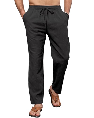 LAOARA Pantalon en Lin Homme Plage Leggeri Pantaloni Estivi Homme Long Pantalon en Coton Motivi Ricamati Noir L