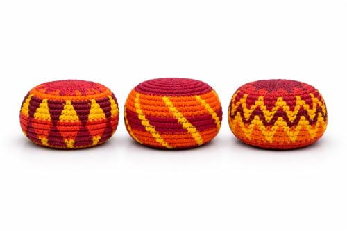 Funny Guy Mugs Footbag Balls 3 Pack Handmade Crocheted Kick Toss Balls from Guatemala Assorted Patterns Ember