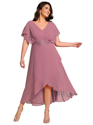 Image of Ever-Pretty Plus Women's V Neck Applique Plus Size Wedding Guest Dress Short Sleeves Maxi Formal Dresses