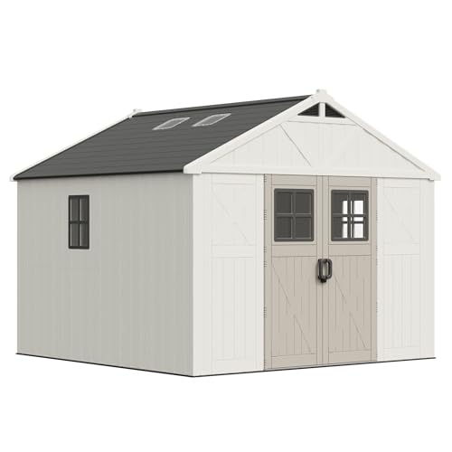 Image of Greesum 10x10FT Plastic Outdoor Storage Shed with Floor and Lockable Door, Resin Sheds with 4-Windows and Multiple Skylights, Organization for Garden, Lawn, Backyard, Beige