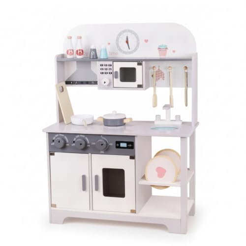 Milageto Étagères Ouvertes Cuisine Jouet Blanche Grise Cuisine Bois Enfant Porte Four Vitrée pour Enfants , Blanc Et Gris
