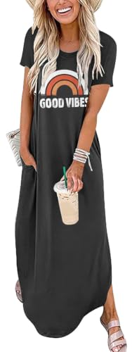 Image of Womens Good Vibes Rainbow Sleeveless Funny Grapic Maxi Dress Summer Casual Letter Tank Dresses with Pockets