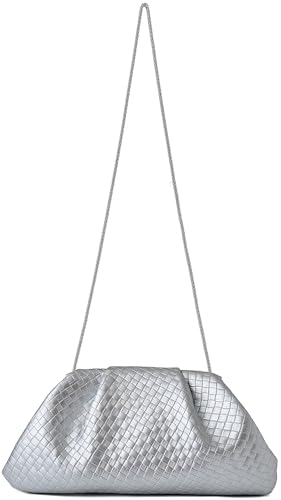 Image of Women's Woven Evening Bag Ruched Dumpling Clutch Purse Detachable Chain Crossbody Bag