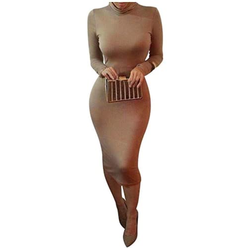 Laiyuan Women Winter Turtleneck Bodycon Dresses - Long Sleeve Solid Midi Sexy Club Dress Coffee #TOP21