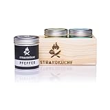 Strandküche 3er Gewürze Geschenkset Segeln 125 g I Bio Gewürze Set Basic mit Pfeffer Meersalz und Kräuter-Gewürzmischung I Exklusive Gewürze in handgefertigter Holzbox mit Geschenkbanderole