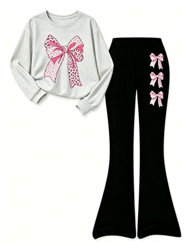 Image of Girls Clothes 2 Piece Cute Bow Print Sweatshirt & Flare Pants Fall Winter Outfits Set Size 7-14Y