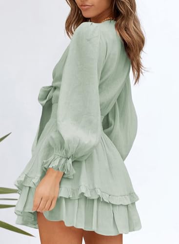 Image of Dokotoo Womens Casual Spring Fall 2025 Deep V Neck Knotted Tiered Chiffon Elegant Mini Short Swing Skater Dresses