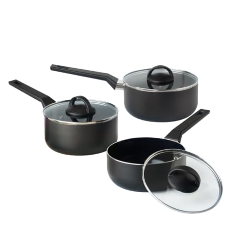 QDESIGN BLACK+ - Juego de 3 cacerolas de aluminio ultra antiadherente antiarañazos sin PFOA + 3 tapas de cristal, para todo tipo de fuego, incluida inducción, compatible con horno, lavavajillas