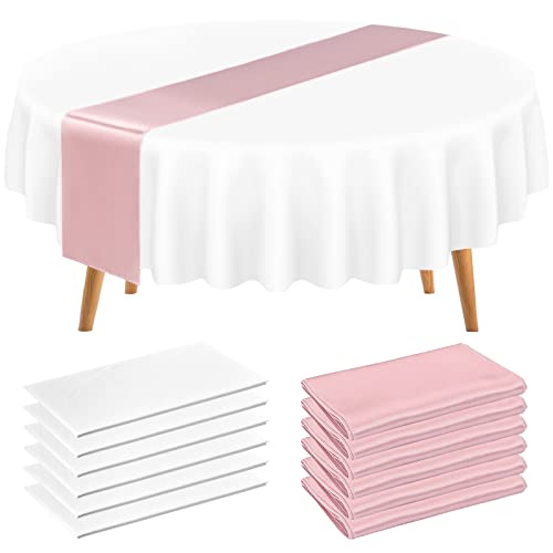 6 Pack Round Plastic Tablecloth 84" White Disposable Table Covers Waterproof Circle Party Table Cloths For Round Tables And 6 Pack 12"X108" Rose Gold Satin Table Runners For Parties Birthday Picnic #TOP18