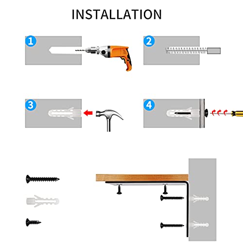 YUMORE L Brackets Heavy Duty, 5x3x1.8 Inch Stainless Steel Shelf Brackets Wall Mounted for Floating Shelves Industrial Farmhouse, Includes Hardware, Rustic Black, Pack of 4