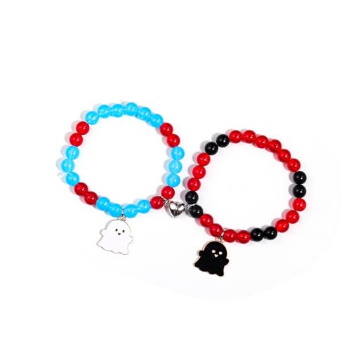 Image of 2Pcs Love Heart Couple Matching Bracelet Set Adjustable Braide Rope Halloween Mummy Ghost Pumpkin Hat Wizard Bracelet for Women Men Lover Friend Friendship Jewelry