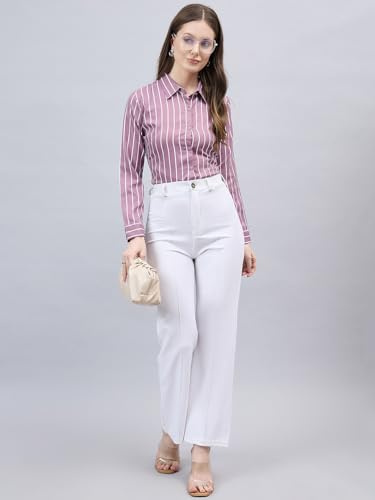 Image of Style Quotient Women Beige White Stripe Printed Formal Shirt