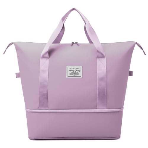 Image of WILDHORN 40 Liters Nylon Expandable Travel Duffle Bag for Men & Women, Waterproof Weekender Luggage Bag, Foldable Gym & Overnight Travel Hand Bag with Wet & Dry Compartment (Lavender)