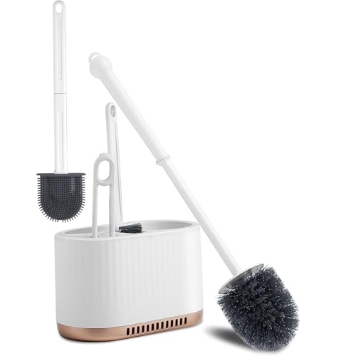 Toilet Bowl Brush and Holder Wall Mounted Silicone Flat Toilet Cleaner Set Cleaning Tool Bathroom Cute Tool Toilet Scrubber Long Handle Toilet Brush with Plastic Handle (4 in 1 Toilet Bowl)