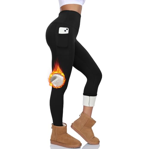 BLONGW Thermo Leggings Damen Gefütterte High Waist Thermohose Mit Taschen...