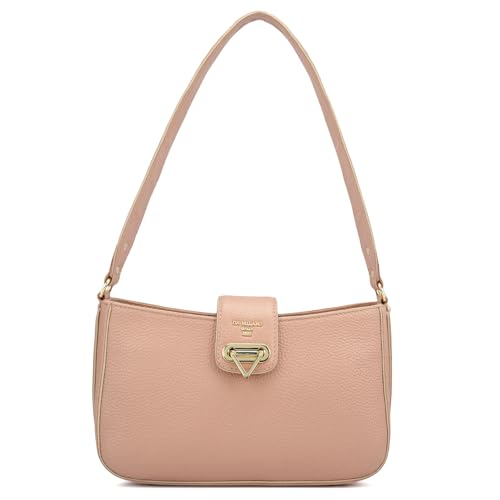 Image of Da Milano Women's Leather Shoulder Bag - Pink | Genuine Leather Handbag with Gold Hardware, Broad Shoulder Strap & Secure Clasp Lock | Elegant Everyday Purse
