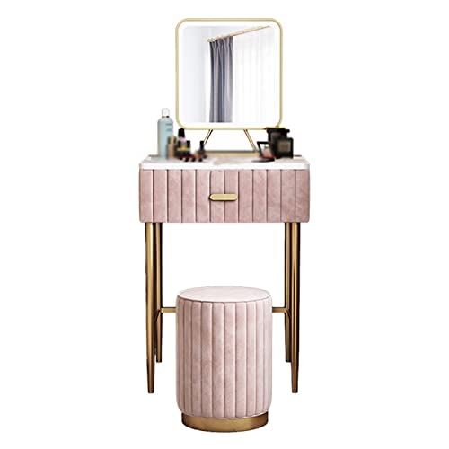 Pequeño tocador de mármol para dormitorio y escritorio, espejo cuadrado con luz LED, estante de almacenamiento y taburete de 50 cm, elegante organizador de maquillaje para mujer