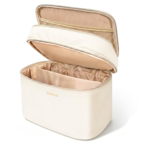 BELICOO Grande trousse de maquillage de voyage double couche avec miroir, séparateur amovible et compartiment pour pinceaux, trousse de maquillage étanche en...