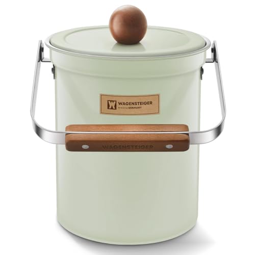 WAGENSTEIGER Kitchen Countertop Compost Bin 101Ounces / 3Liter with Airtight Lid, SUS304 Stainless Steel Odor-Free Food Waste Bin with Wooden Handle Stylish Design/Bathroon Trash Can (Mint Green)
