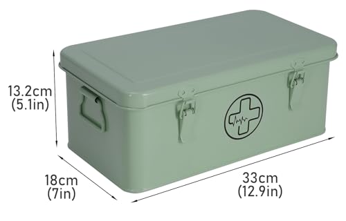 Image of First Aid Medicine Box, First Aid Kit Supplies Bin, Metal Medicine Storage Tin, First Aid Empty Box with Safety Lock for Home Emergency Tool Set-Green