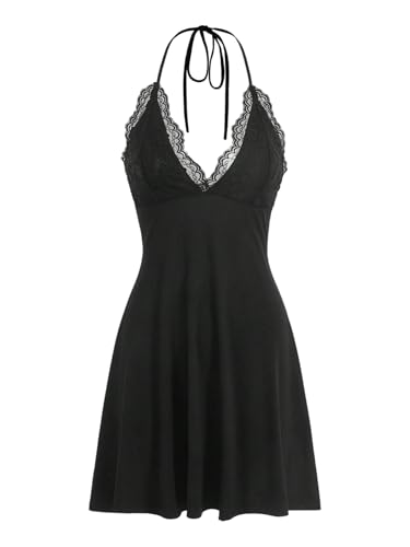 SweatyRocks Damen Kleid Neckholder Sommerkleid mit Spitze V Ausschnitt Minikleid Rückenfreies Partykleid A Linie Trägerkleid Sommer Kurze Kleider...