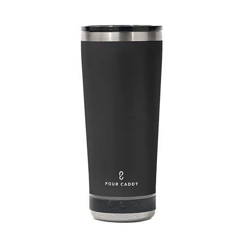 Go Caddy 18 oz Tumbler with Bluetooth Speaker, Insulated Stainless Steel Travel Cup with Lid, Hot & Cold Drink Termos, Removable Speaker with Microphone, Rubber Base, Black