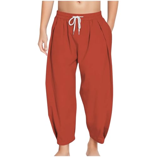 Girls Cotton Linen Pants Trendy Pleated Wide Leg Pants Kids Teen Elastic Waist Drawstring Athletic Summer Trousers