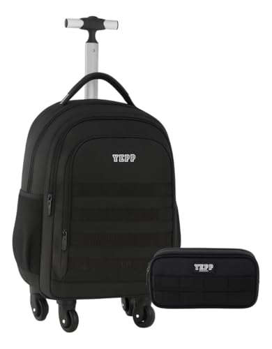 Mochila De Rodinhas 360° Tamanho Grande Com Estojo Duplo Escolar Juvenil Masculino, Preta, Com Rodas Giratórias