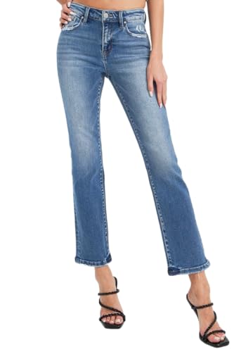Risen Women's Mid Rise Ankle Straight Jeans with Pockets